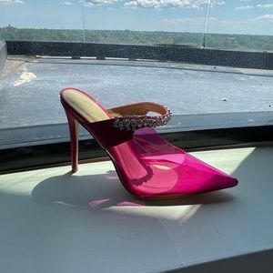 NEW Pink PVC pointed toe pumps with crystal accents at strap